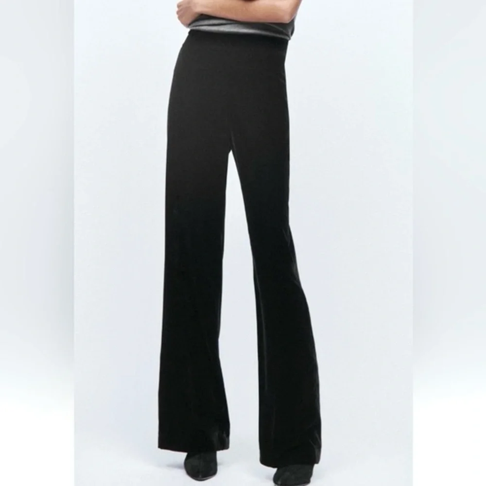 Zara NWT velvet velour black wide leg trouser pants side zip closure